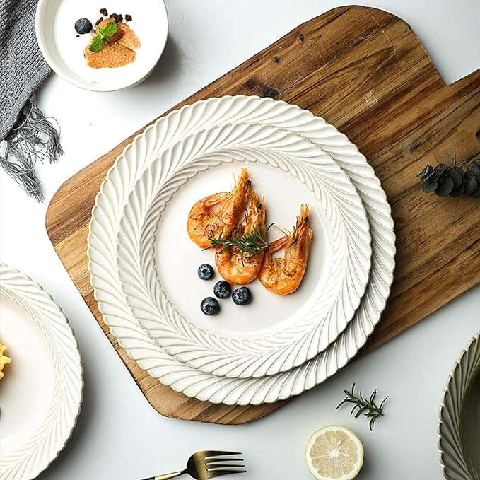 New Dinnerware Sets,Ceramics Dinner Sets, 25 Pieces White Glaze Porcelain Dinnerware Set| Retro Relief Cereal Bowl and Steak Plate Set