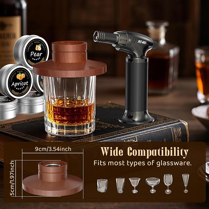 Deluxe Whiskey Smoker Kit with Torch - Includes 6 Natural Wood Chip Flavors, 2 Premium Glasses, & 2 Ice Molds - Cocktail Infuser for Old Fashioned & Bourbon for Men & Dads