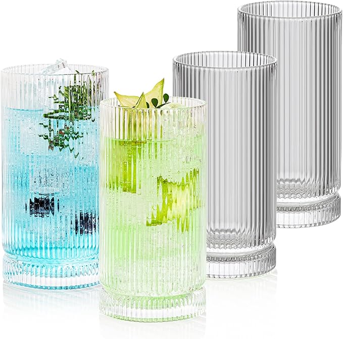 POLIDREAM 16oz Ribbed Glassware, Vintage Drinking Glasses Set of 4, Cocktail Glass Cups, Elegant Tom Collins Glasses, Highball Ribbed Glasses Ideal for Water, Iced Coffee, Juice, Beer, Milk