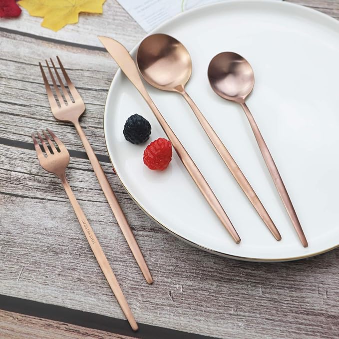 Copper Silverware Set JASHII 40-Piece Flatware Set 304 Stainless Steel Flat Cutlery Set for 8 Matte Kitchen Forks Knife Spoons Set, Satin Finish Tableware Set for Home and Restaurant, Dishwasher Safe