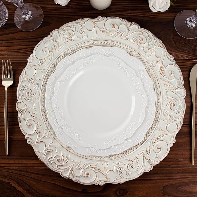 Efavormart Set of 6 Antique White/Gold 14" Round Plastic Charger Plates With Engraved Baroque Design Rim For Wedding Party Events