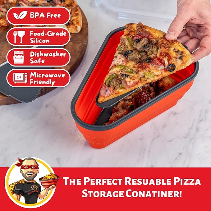 PIZZA PACK The Perfect Reusable Pizza Storage Container with 5 Microwavable Serving Trays - BPA-Free Adjustable Pizza Slice Container to Organize & Save Space, 4 Pack, Red