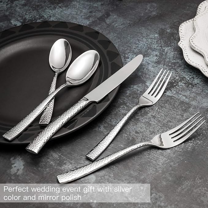 Silverware Set Flatware Set Hand Forged Stainless Steel Cutlery Set Hammered Pattern Mirror Polished 60 Pieces Home Event Use Service for 12