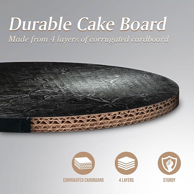 Cakebon Round Cake Boards - Sturdy 1/2 Thick Drums - 12 Inch Professional Fully Wrapped Edges Black 3-Pack