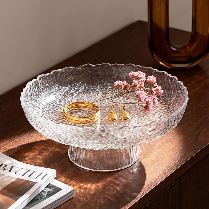 Large Glass Fruit Bowl for Kitchen Counter Decorative Centerpiece Bowl for Table Home Déco, Clear Hammered