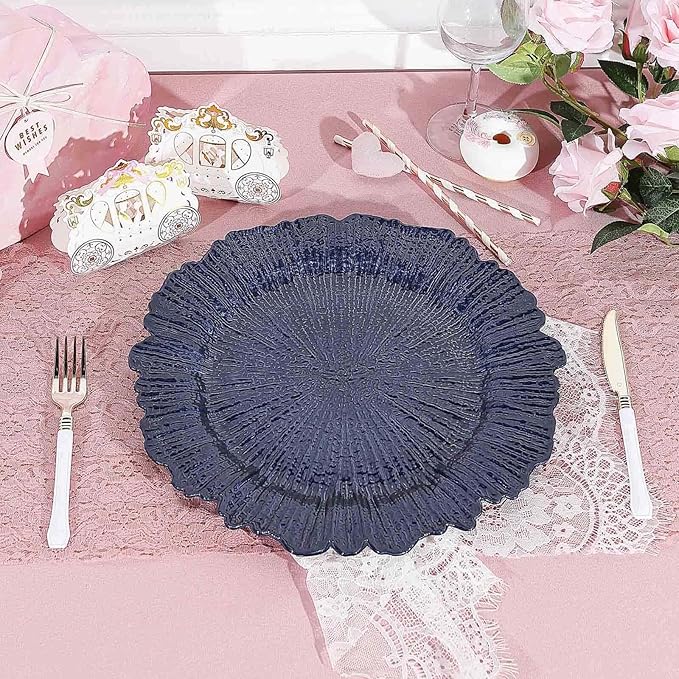 13" Charger Plates - Set of 24 - Acrylic Navy Blue Round Reef Disposable Chargers, Ideal for Dinner Party Wedding Holiday Bulk Events