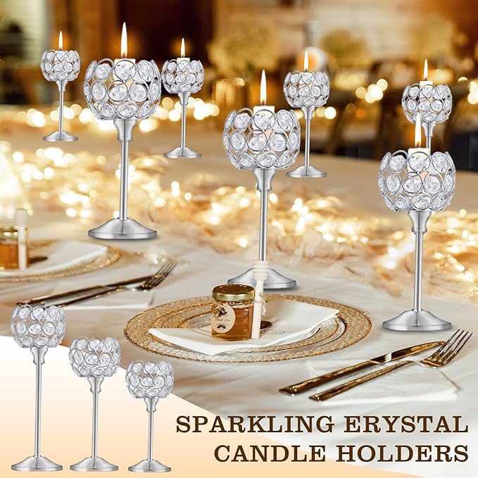 Crystal Metal Tealight Candlestick, Bling Bowl Candelabras, Tall Crystal Candle Holders Elegant Candle Centerpiece for Dining Table Wedding Home Mantel Decor (Silver, 2 Sets(6 Pcs))