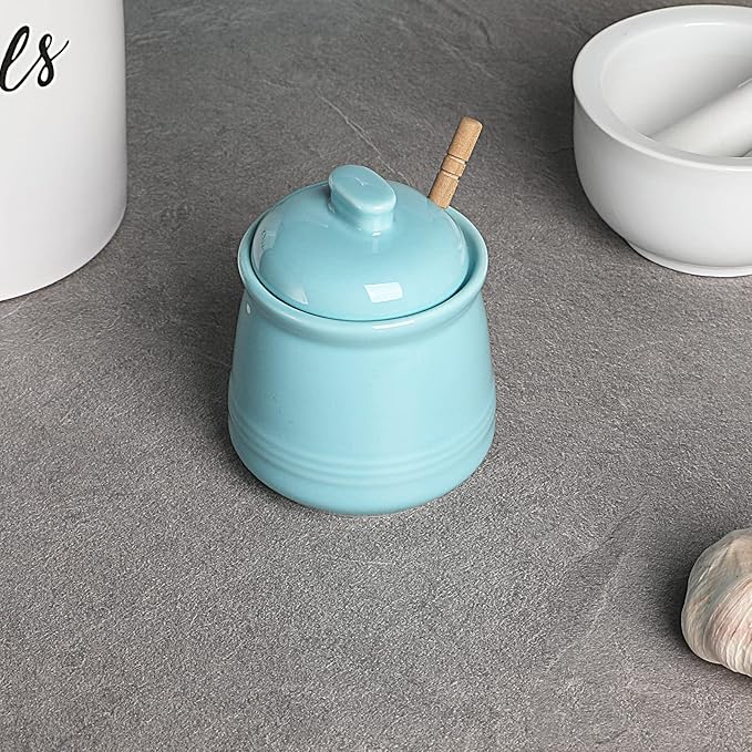 LEETOYI Porcelain Honey Jar with Lid and Honey Dipper,Ceramic Honey pot,12oz (Turquoise)
