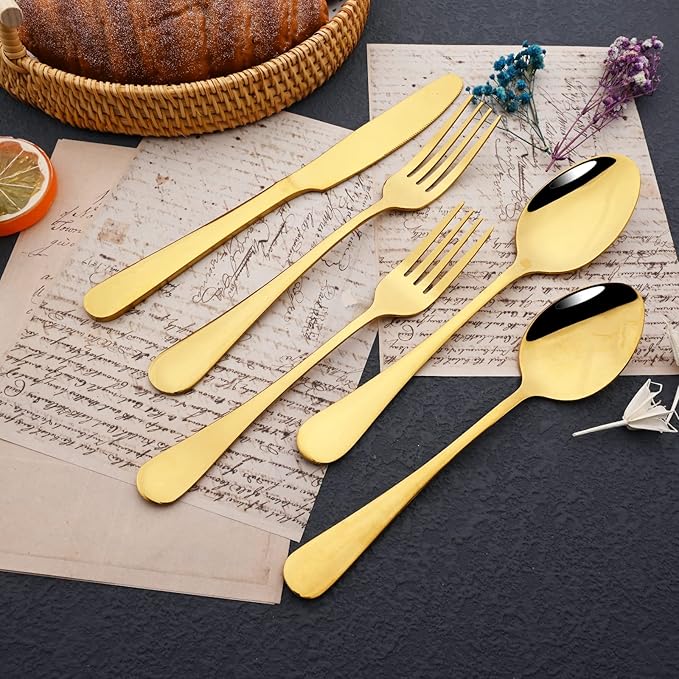 JASHII 25-Piece Fork Spoon Knife Silverware Set with Serving Utensils for 4, Food Grade Stainless Steel Flatware Cutlery Set for Home and Restaurant, Dishwasher Safe - Shiny Gold