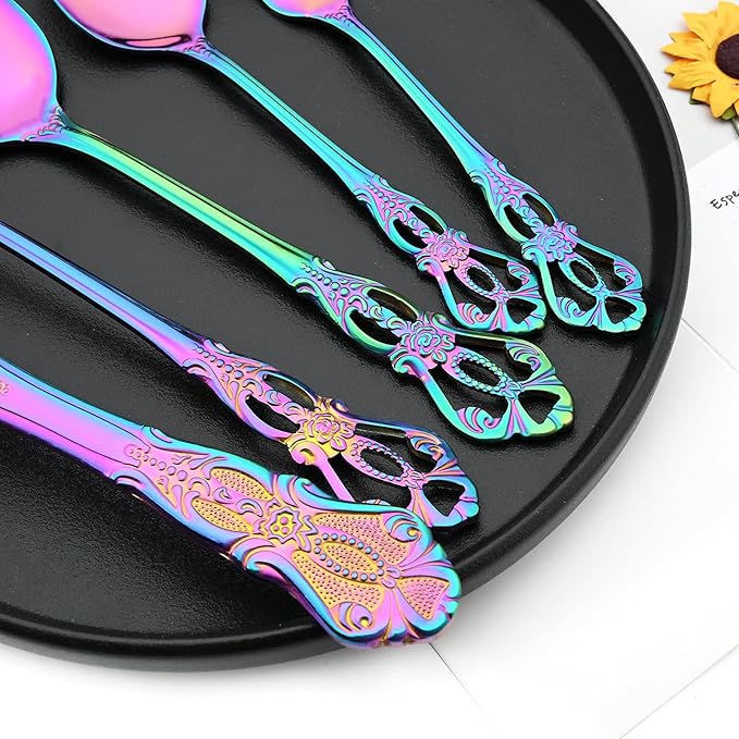 Elegant 32-Piece (4 Set) Retro Flatware Set, Stainless Steel Cutlery Set - Complete Eating Tableware Serving Set, Dishwasher Safe, Shiny Mirror Polish (Rainbow)