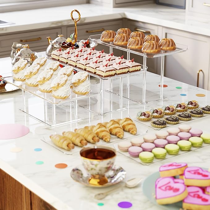 6 Pack Dessert Table Display Set, Clear Acrylic Dessert Display Stands with 3 Pack Dessert Tray Platters Buffet Risers for Pastry Food Fruit Candy Treat for Wedding Birthday Party