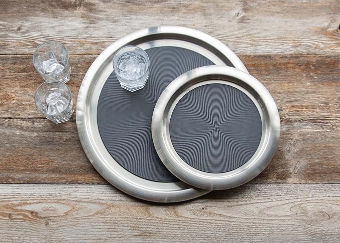 Service Ideas TR119SR Tray with Top and Bottom Built in Non-Slip Rubber Inserts, 9" Round, Dishwasher Safe, Stainless Steel