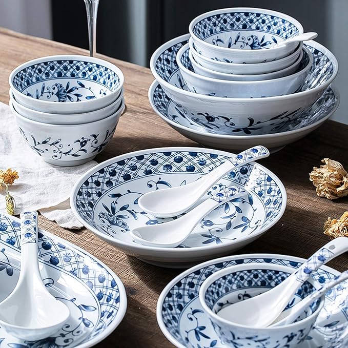 Kitchen Tableware Set,Ceramics Dinner Sets, Blue and White Porcelain Porcelain Dinnerware Set of 45 Simplicity Cereal Bowl and Steak Plate Set for Family Dinner