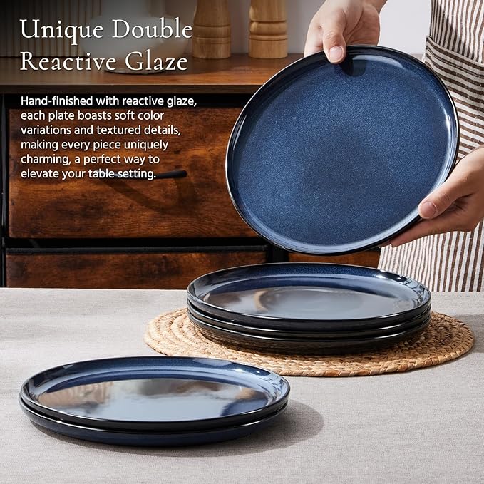E-far 10.5” Ceramic Dinner Plates Set of 6, Large Reactive Glaze Stoneware Dishes, Round Salad Plate for Home Kitchen Restaurant, Microwave & Dishwasher Safe – Deep Sea Blue