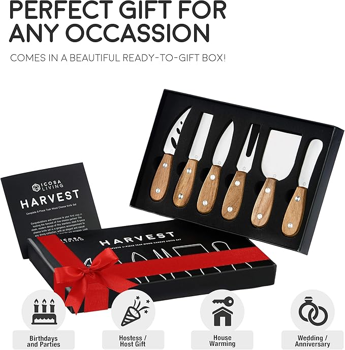 Harvest 6-Piece Cheese Knife Set (Gift-Ready) - Premium Stainless Steel Cheese Knives with Rivets, Full Tang Blades and Teak Wood Handle Charcuterie Board Accessories w/ 15 Festive Recipes