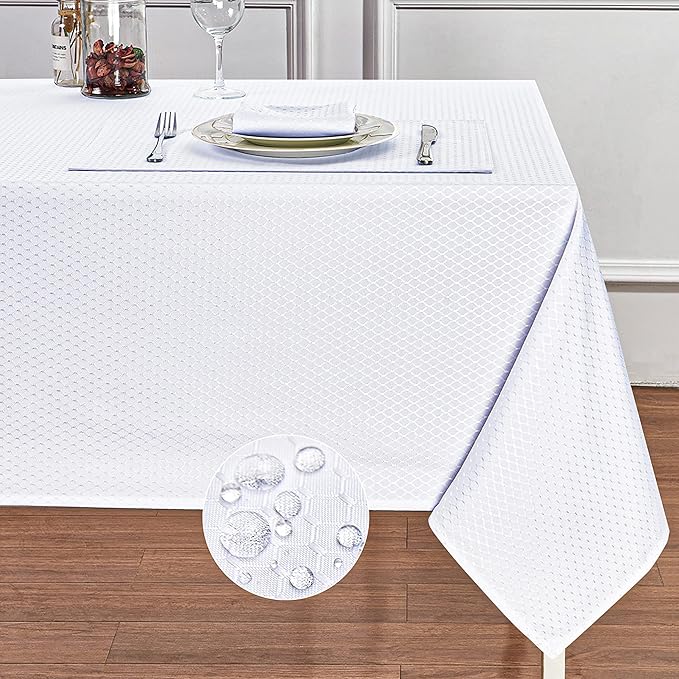 Rectangle Table Cloth Linen Farmhouse Stainproof Waterproof Washable Polyester Oblong Rectangular Fabric Table Cover for Kitchen Dining Dinner (White, 60 X 104 Inch)