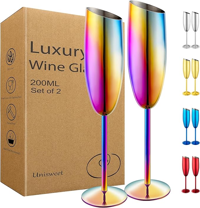 Champagne Flutes Set of 2, Premiumty Stainless Steel High Footed Champagne Glasses, 7oz Capacity,Unbreakable Slanted Champagne Glasses