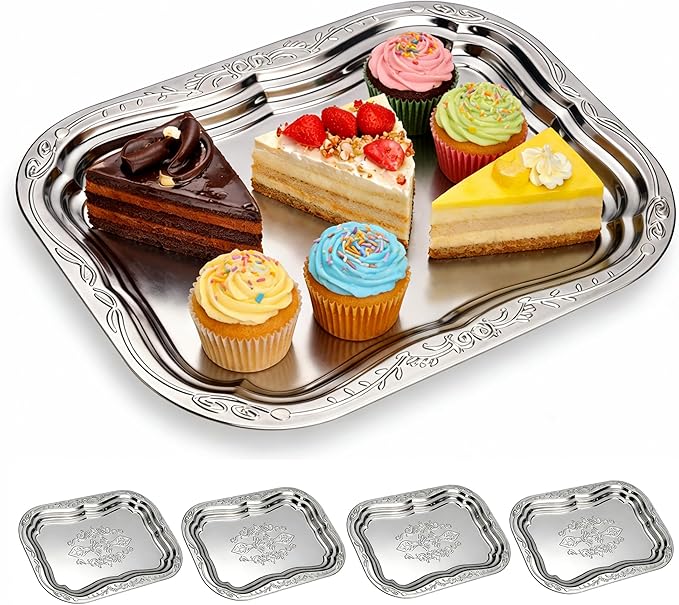 4-Pack Large Oval Silver Serving Trays - 15.7"x11.8" Mirror Platter Set for Party, Wedding, Birthday, Christmas, Appetizers, Desserts, Food Display, Kitchen Table, Buffet