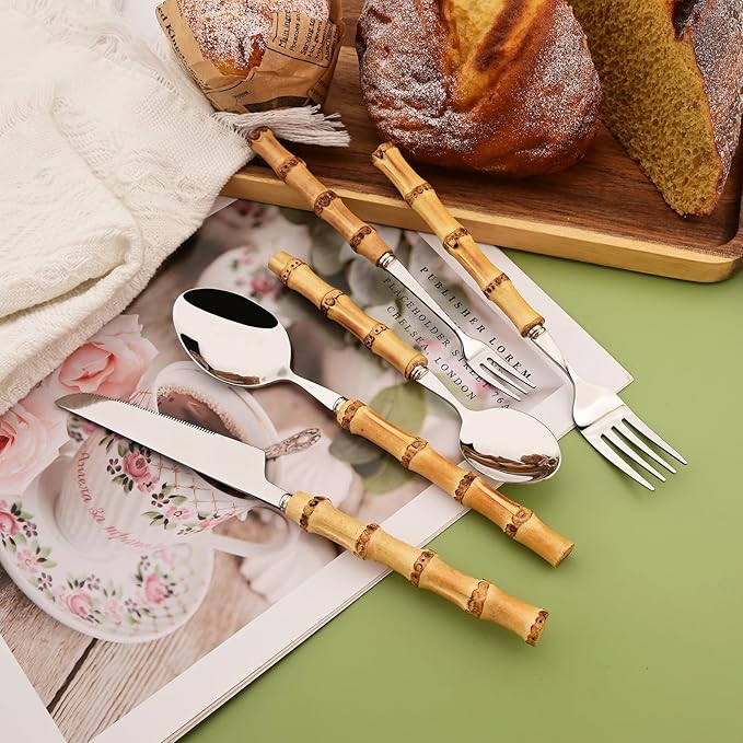 Mirror Polished Silverware Set for 6 - Bamboo Handle Cutlery Set - Stainless Steel Flatware Serving Set for Home Restaurant Wedding and Parties - 30 Pieces Eating Utensils