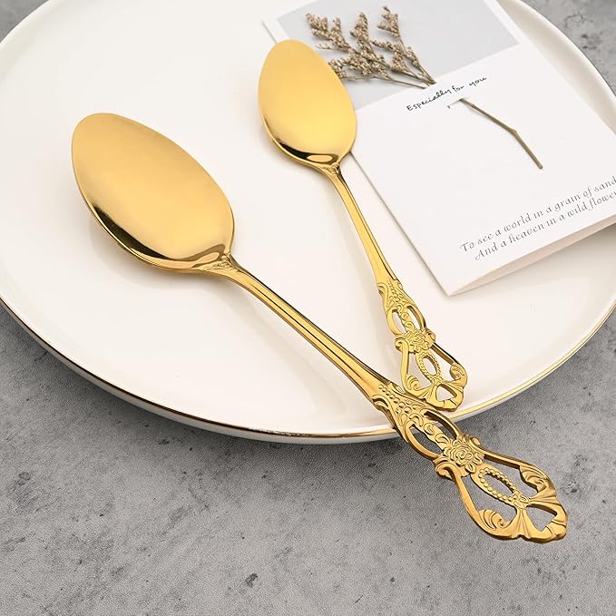 Mirror Polished Gold Silverware Set, 24-Piece 18/10 Stainless Steel Shiny Finish Flatware Service for 6, Kitchen Utensils, Tableware Cutlery for Home and Restaurant, Dishwasher Safe