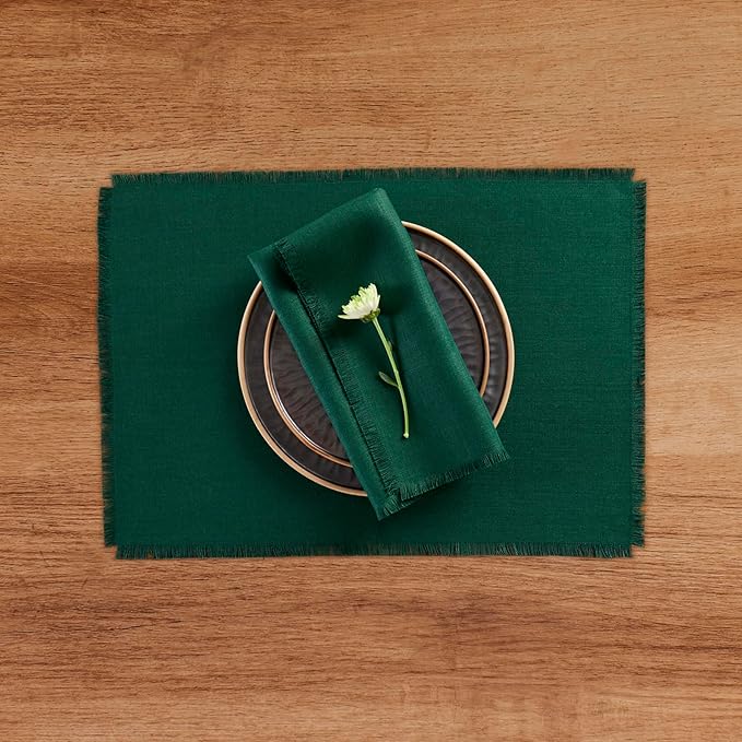 Solino Home Fringe Linen Placemats Set of 4 - Evergreen Placemats 14 x 19 Inch - 100% Pure Linen Table Mats for Christmas, Winter, New Year - Handcrafted and Machine Washable