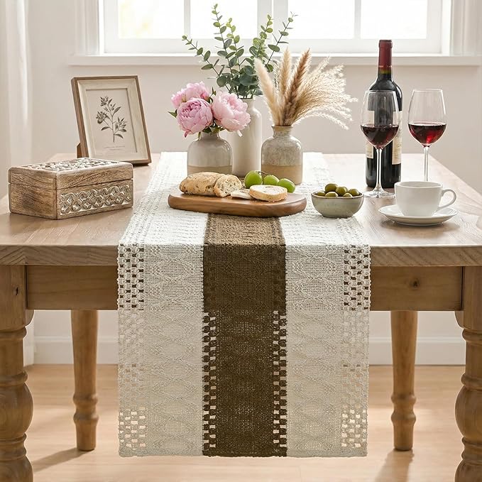 Artoid Mode Light Coffee Farmhouse Rustic Table Runner, Seasonal Holiday Hollow Kitchen Dining Table Decoration for Home Party Decor 12x72 Inch