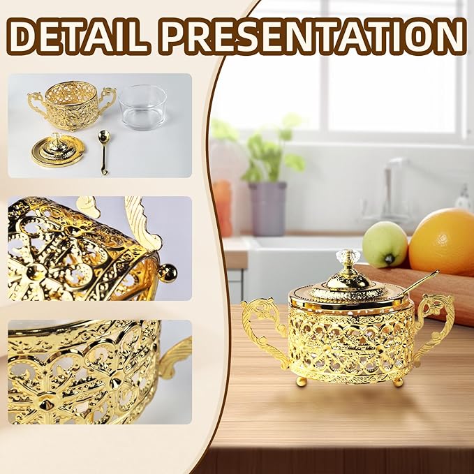 Flylin Sugar Bowl, Turkish Sugar Bowl with Lid and Spoon for Candy Cookie Honey, Golden Vintage Glass Seasoning Jar for Home and Kitchen Coffee Bar (4)