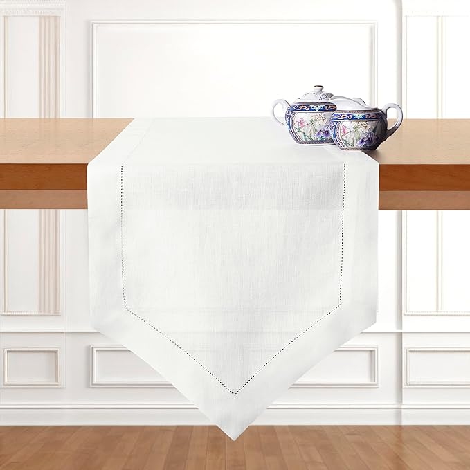 D'Moksha Homes White Linen Table Runner 72 Inches Long - 100% Pure Linen Diamond Table Runner 14 x 72 Inch for Dining, Winter, Christmas, Holiday, New Year - Machine Washable