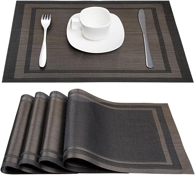 DACHUI Placemats Set of 8, Linen Look Woven Place Mats, Water Resistant, Heat Resistant, Washable, Durable Table Mats (Black Gold)