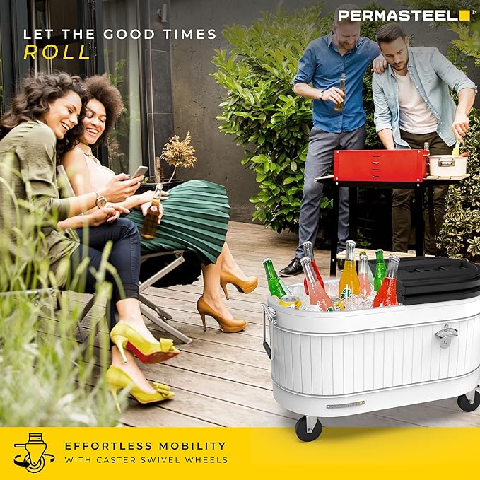 Permasteel Rolling Patio Cooler – Large Outdoor Ice Chest with Wheels, Beverage Cooler for Backyard, BBQ, Tailgate, Beach, Parties, Rustic Farmhouse Design