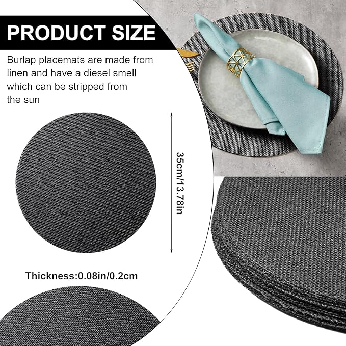 Yunlly Set of 48 Round Burlap Placemats Bulk Burlap Farmhouse Placemats Set Heat Resistant Table Mats Circle Jute Charger Place Mats for Wedding Holiday Dinner Rustic Table Decorations(11.8 in,Black)