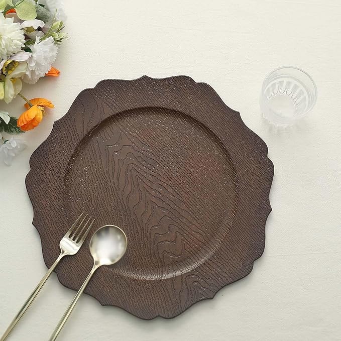 Efavormart 6 Pack | 13" Rustic Brown Wooden Textured Acrylic Charger Plates With Scalloped Rim