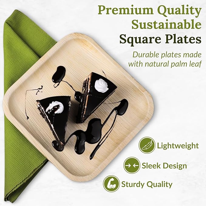 8 inch Square Palm Leaf Plates 50 pcs Compostable and Biodegradable Disposable Plates, Microwave Safe, Heavy-Duty Sustainable Appetizer and Dessert Plates for Parties, Picnics and Weddings
