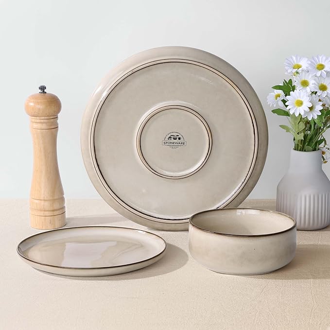 Herogo Dinnerware Sets with Pasta Bowls, 16 Piece Plates and Bowls Set for 4, Modern Stoneware Dinner Dishes for Kitchen Dinning, Dishwasher & Microwave Safe, Cream Khaki