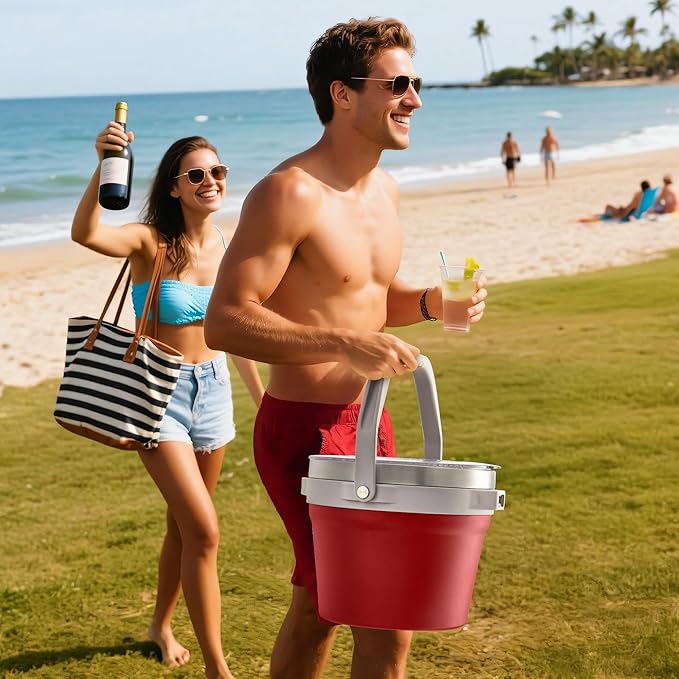 COKTIK 7L Vacuum Insulated Ice Bucket with Lid and Scoop& Tongs，Large capacity Stainless Steel Beverage Bucket for Cocktail, Champagne, Wine, Beer，Large Parties（Red Suit）