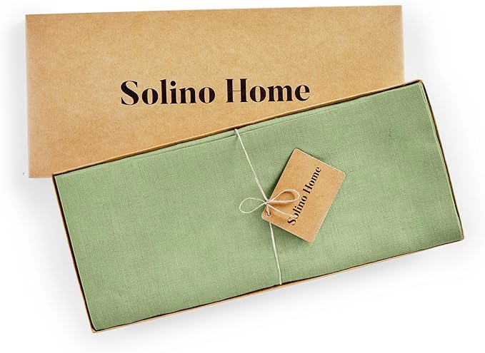 Solino Home Linen Laurel Green Table Runner 144 Inches Long - 100% Pure Linen Extra Long Table Runner 14 x 144 Inch - Fete