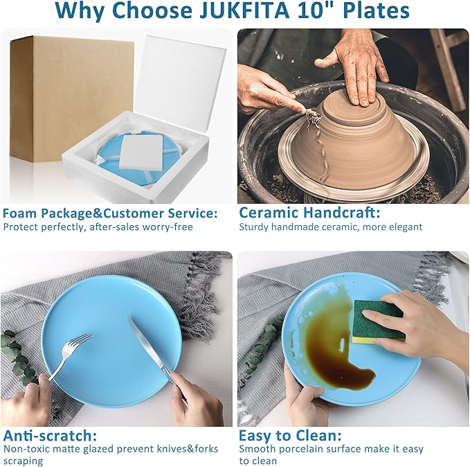 10 Inch Dinner Plates, Matte Blue Ceramic Plates Set of 3, Scratch, Microwave & Dishwasher Safe
