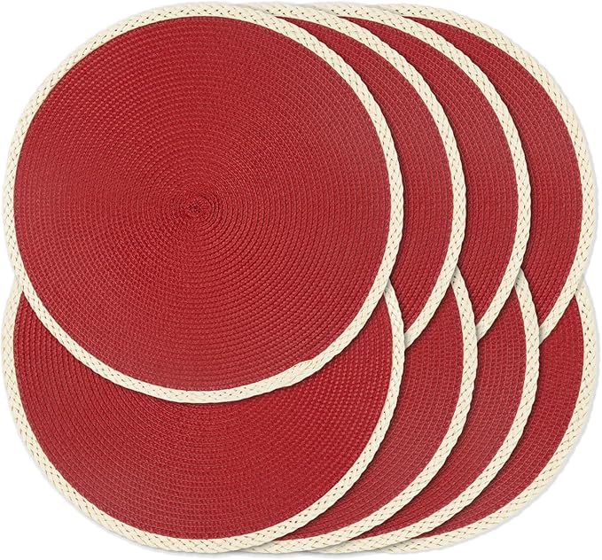 Noctiflorous Round Placemats Set of 8, 15 Inch Braided Hand Woven Table Mats, Heat Resistant Non-Slip Wipeable Thin Edge Place Mats for Kitchen Dining Indoor Outdoor Use(Red, 8)