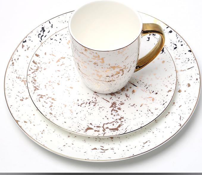 KOKEN - Plates and Bowls Sets for 4, Dinnerware Sets 16 Pc, Ceramic Dish Set, Round Dinner Set with Mugs, Dishwasher Microwave Safe, kitchen sets, Dishes set for 4 Christmas (Gold Christmas dinner)