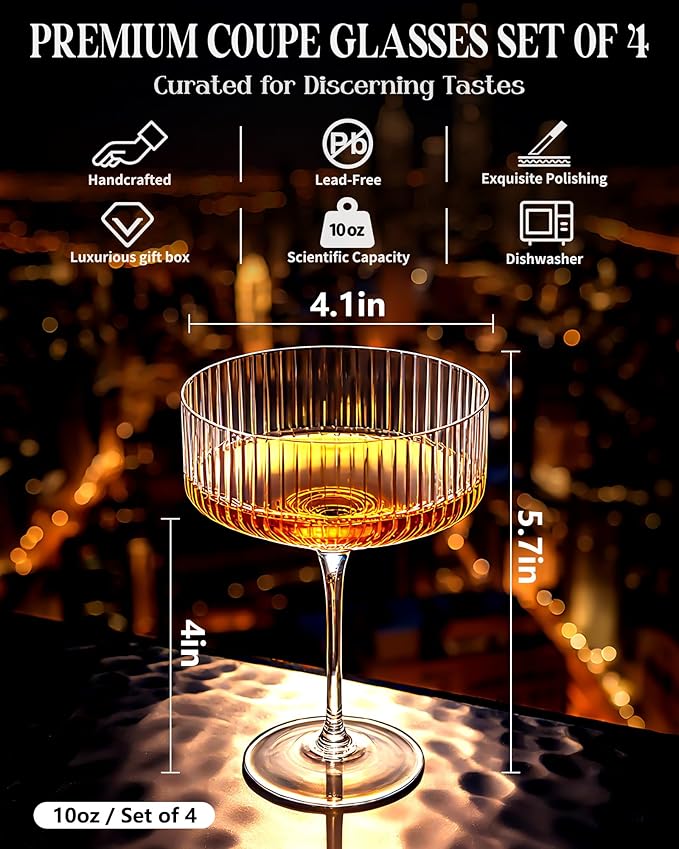 Evoio Martini Coupe Glasses Set of 4 | 10 oz Elegant Ribbed Vintage Cocktail Glasses, Premium Crystal Glass for Champagne, Espresso Martini, Desserts | Perfect for Gifts & Entertaining