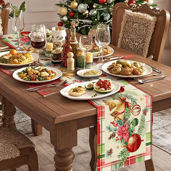 Christmas Bells Table Runner Seasonal Winter Kitchen Dining Linen Table Decoration for Indoor Outdoor Home Party Decor 13 x 72 Inch