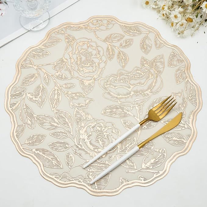 Round Placemats Gold Rose Table Mats Set of 6 Vinyl Heat Resistant Mat Washable Non-Slip 15'' for Kitchen and Dining Holiday Wedding Accent Centerpiece