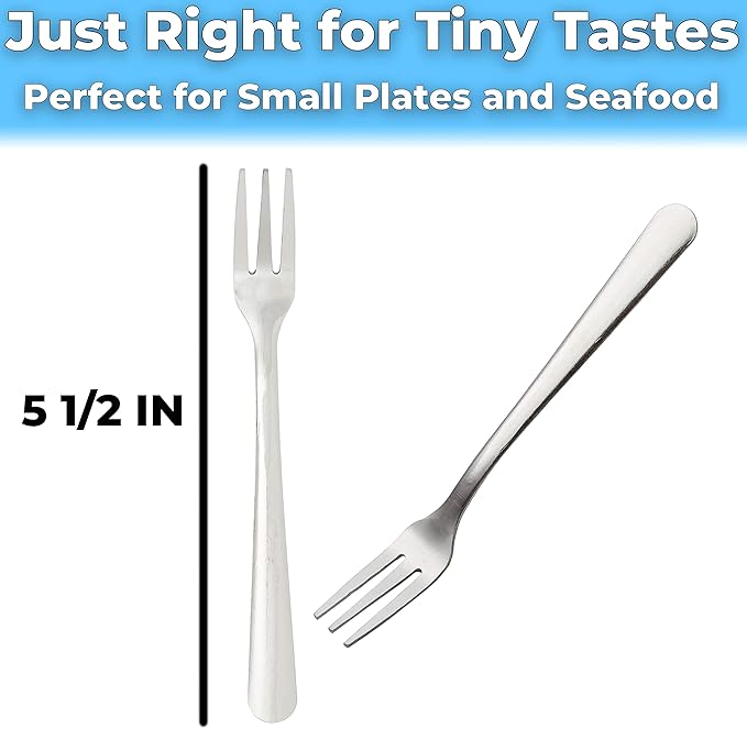 Super Durable, Elegant Mini Cocktail Forks 24 Pcs. Stainless Steel Tasting or Sampling Fork Set for Hors D'Oeuvres, Appetizers, Mussels, Crab. Small Metal Flatware Is Great for Restaurants and Events