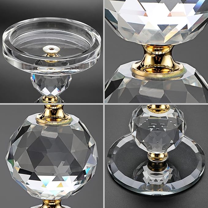 OwnMy Set of 3 Gold Crystal Glass Pillar Candlestick Holders Votive Candle Holder Set, Clear Glass Tea Light Candle Stick Holders Pillar Candle Stand Modern Candle Centerpiece for Living Room Wedding