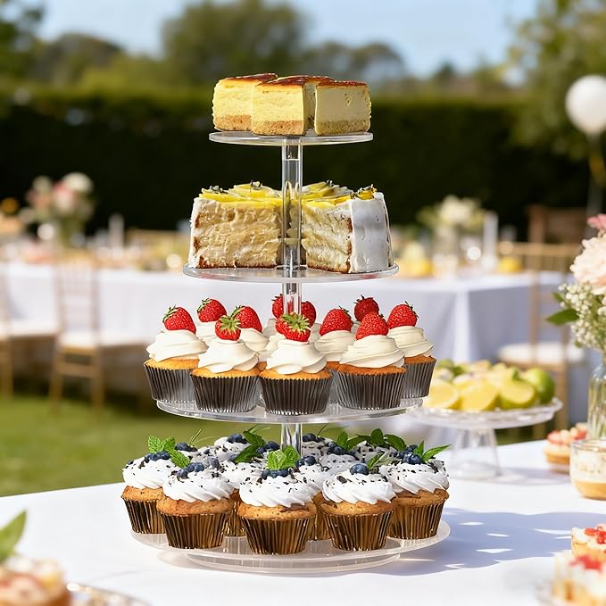 4-Tier Rotating Cupcake Stand, Clear Acrylic 360° Spinning Dessert Display Tower for Cakes & Pastries, Serving Stand for Weddings, Birthdays, Parties