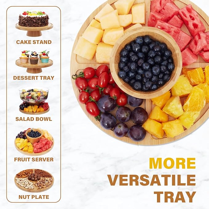 Bamboo Cake Stand with Lid, 6-in-1 Multifunctional Cake Plate, Cake Holder, Serving Tray, Fruit Platter, Salad Bowl, Dessert Table Display & Acrylic Cake Dome Cover
