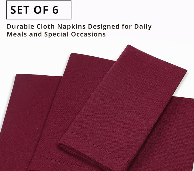 PurpleEssences Set of 6 Hemstitch Cloth Dinner Napkins 100% Cotton - Soft Durable Washable - Ideal for Wedding Spring Easter Summer - Perfect Everyday Use Table Linen 18x18 - Burgundy
