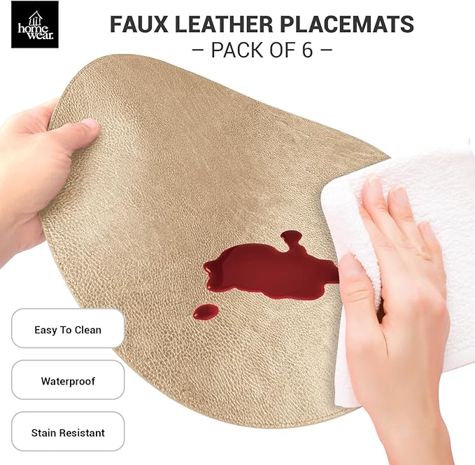 Morgan Faux Leather Set of 12 Placemats, 15" Round, Champagne, Heat Resistant, Stain Resistant, Non-Slip, Reversible, Durable Table Mats for Kitchen, Dining Table, Indoor Washable Use