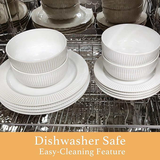 4 Different Embossed Ceramic Dinnerware Set for 4 - Arctic White Vintage Plates & Bowls Set 12 Piece - Microwave & Dishwasher Safe Porcelain Chip Resistant Handmade Dishware Set Kitchen Gift