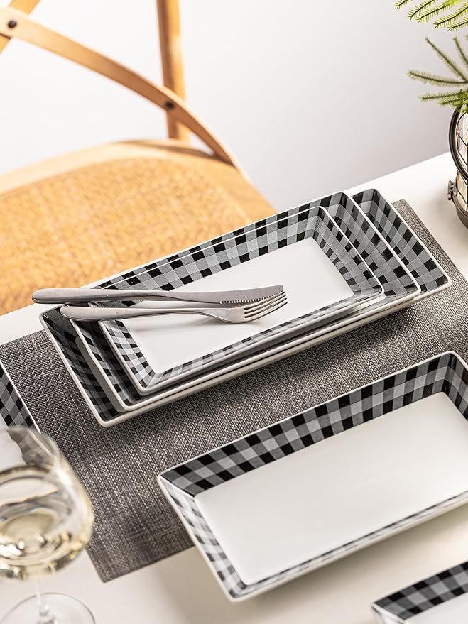 YHOSSEUN Ceramic Serving Platters Set of 4, Appetizer Serving Dishes Rectangular Dinner Sushi Plates for Parties, Halloween Table Decor, Checkered, 10 Inch